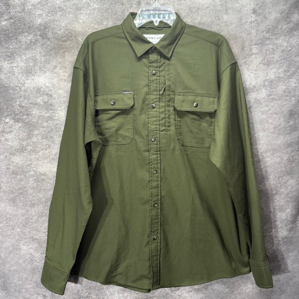 Poncho The Grizzly Flannel Shirt Size L Olive Green Magnetic Pockets Long Sleeve